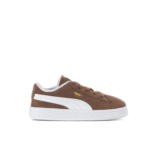 Toddler suede sneakers in brown with white side stripe and white rubber sole