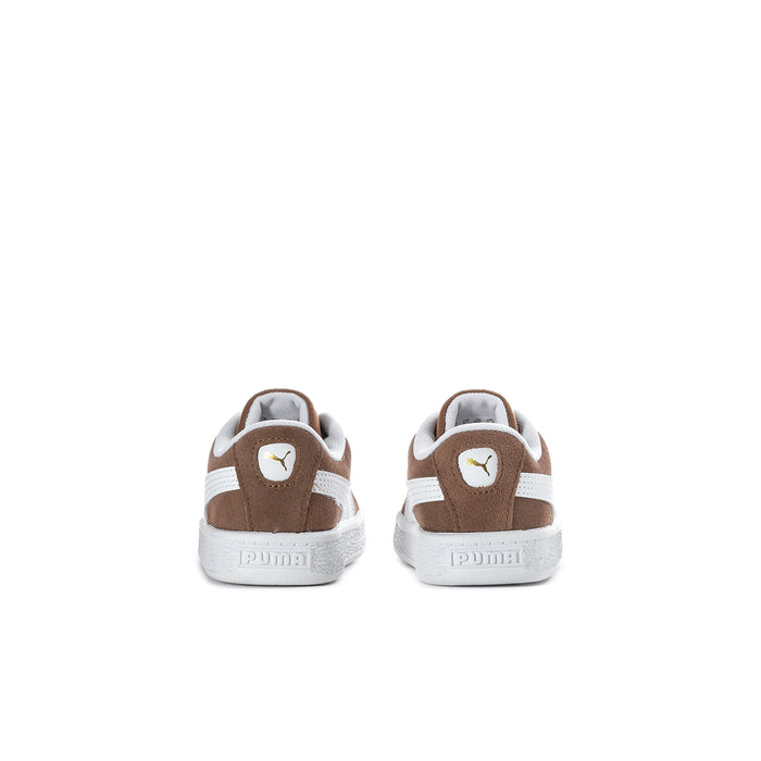Toddler suede sneakers, back view, brown heels with white logo patch and sole
