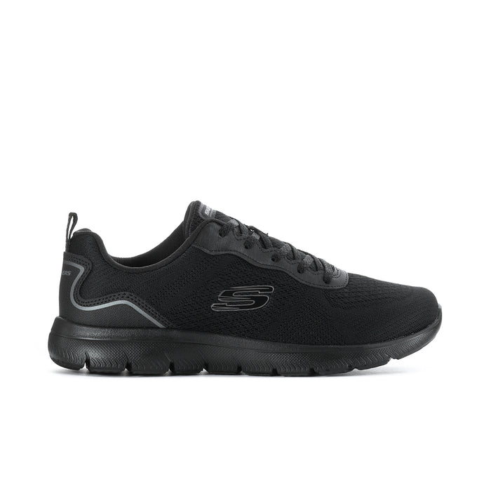 Black wide-fit Skechers lace-up sneaker with cushioned sole and mesh upper