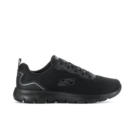 Black wide-fit Skechers lace-up sneaker with cushioned sole and mesh upper