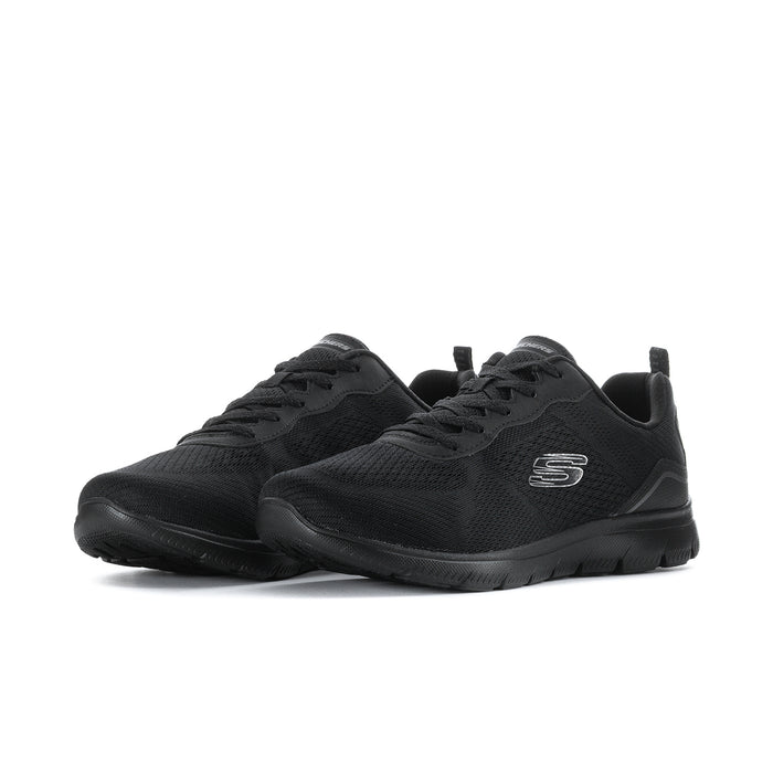 Black wide-fit Skechers lace-up sneakers, side-by-side angle, textured upper