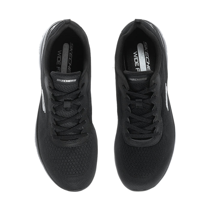Black wide-fit Skechers lace-up sneakers, front view with padded tongue