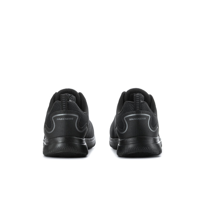 Black wide-fit Skechers lace-up sneakers, heel view with logo tab