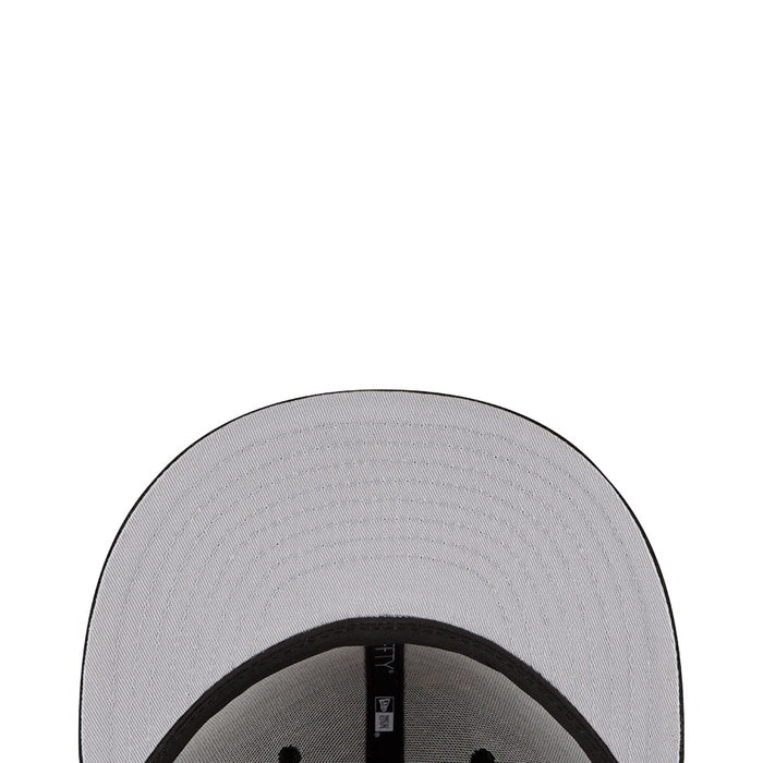 Gray cap interior with black adjustable strap and underside brim