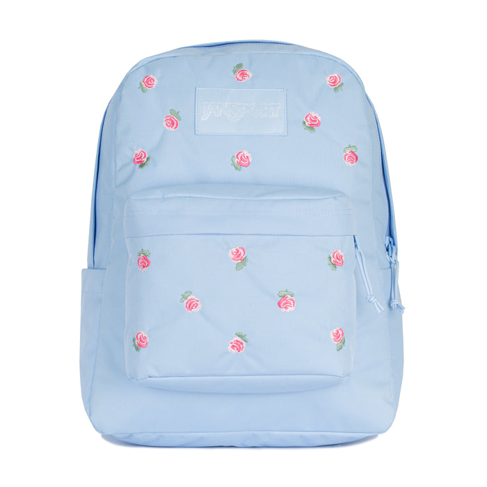 Light blue backpack with embroidered pink roses, front zip pocket and top handle.