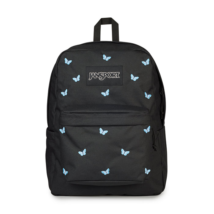 Black Jansport backpack with light-blue embroidered butterflies and front pocket