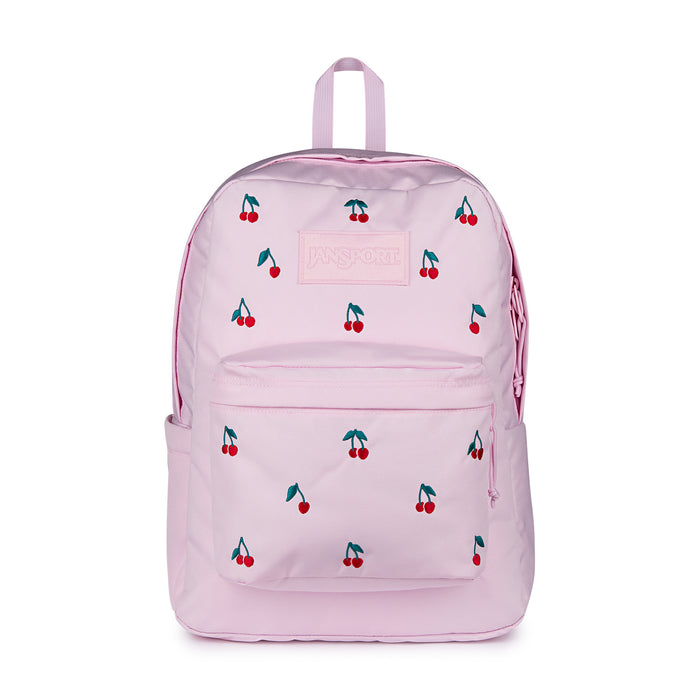 Pink cherry-print backpack with front zip pocket and two top straps