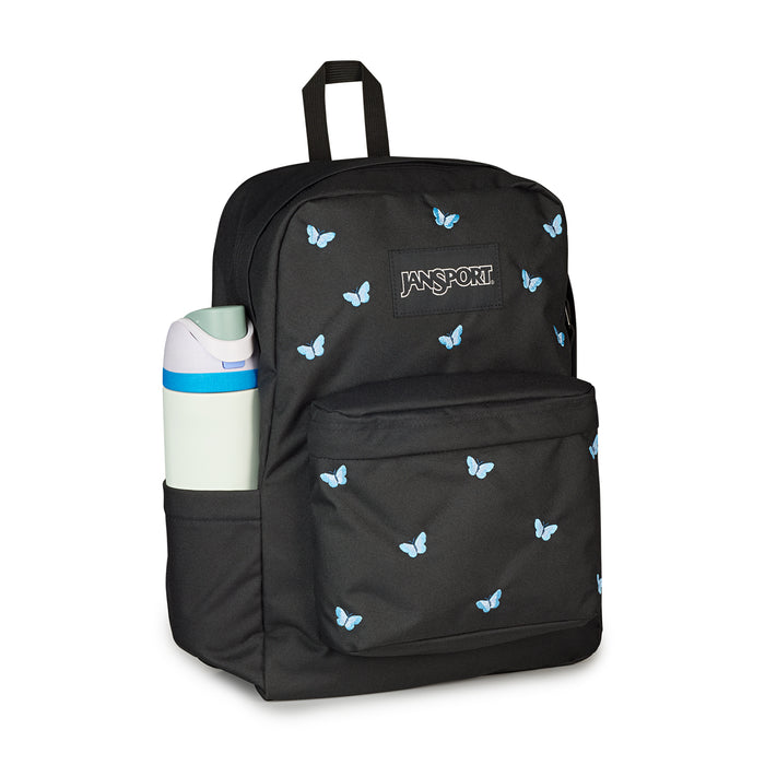 Black Jansport backpack with light-blue butterflies and side bottle pocket