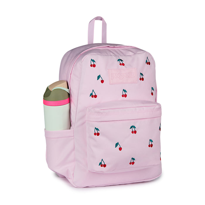 Pink cherry-print backpack with side bottle pocket and front zip compartment