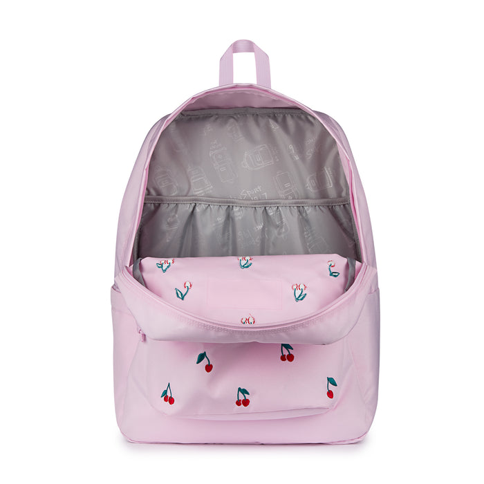 Pink cherry-print backpack with open top and gray interior divider