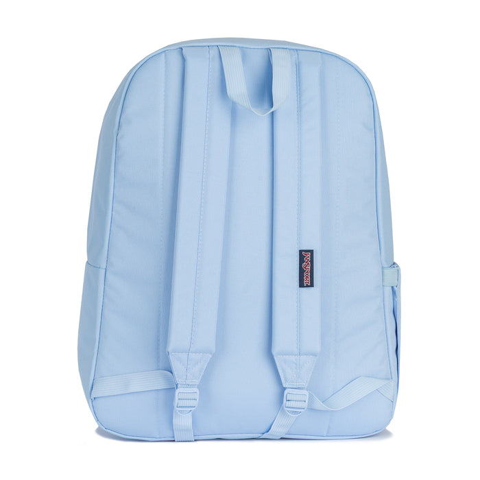Light blue backpack with adjustable padded shoulder straps and small side loop.