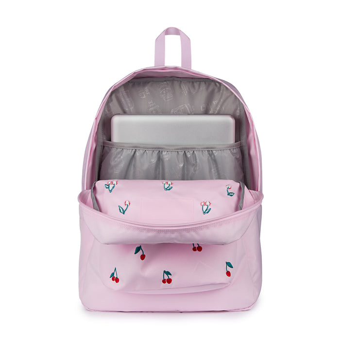 Pink cherry-print backpack open with two front organizers and gray inner lining