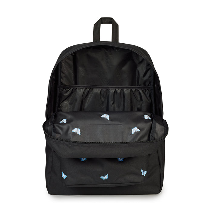 Black Jansport backpack back panel with light-blue embroidered butterflies and zip pocket