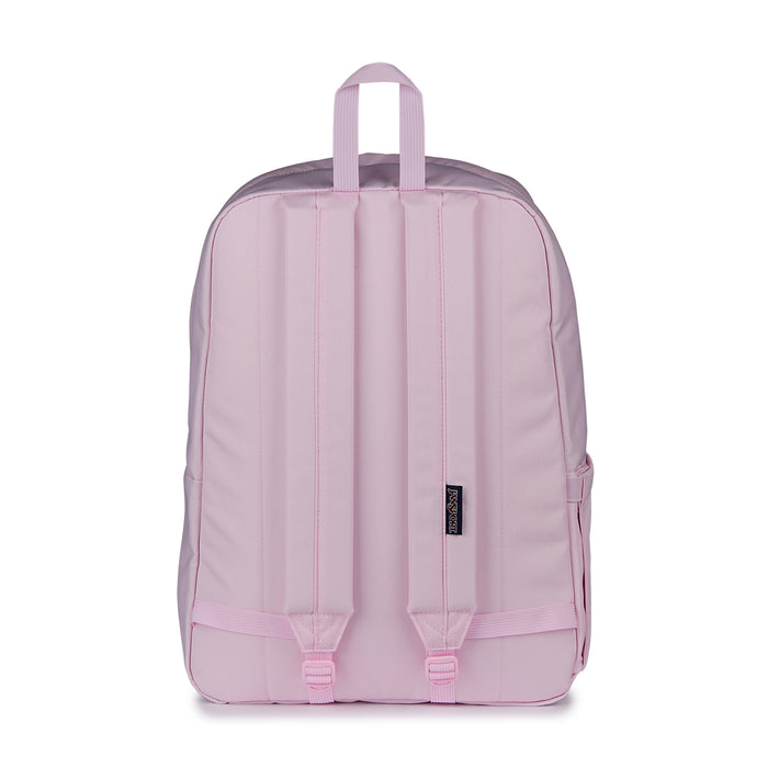 Pink backpack back panel with padded shoulder straps and top hanging loop