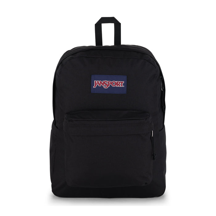 Black JanSport Superbreak Plus backpack, centered front view with logo patch