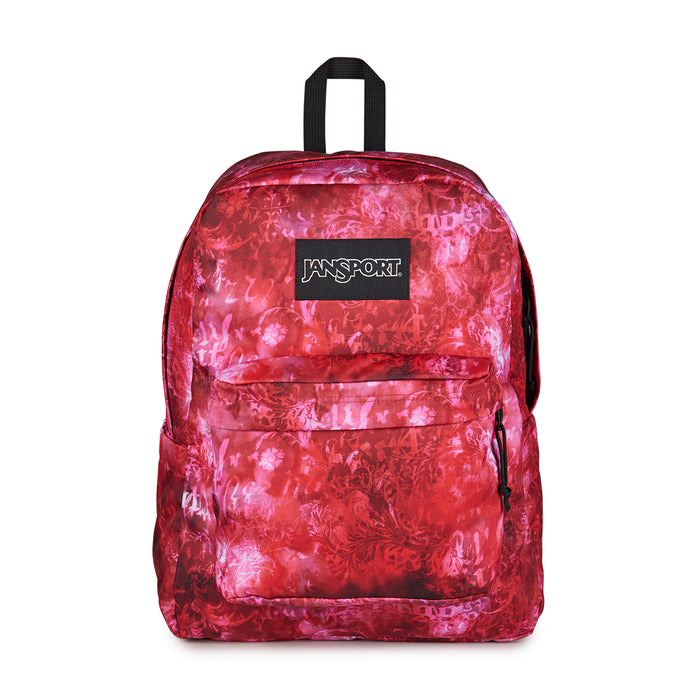 Jansport Superbreak Plus backpack, red floral print with black trim and front pocket