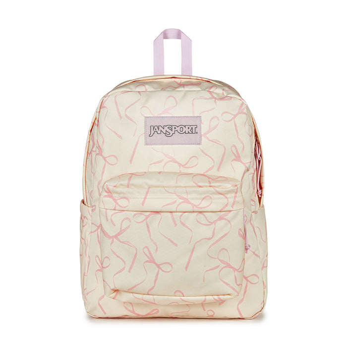 Cream backpack with pink doodle print, front logo patch, top handle and zipper