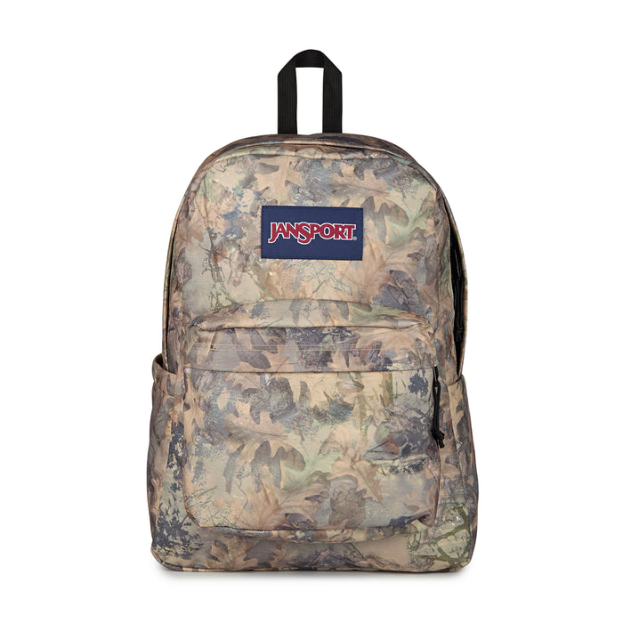 JanSport Superbreak Plus camo backpack front view with JanSport patch and zip pocket
