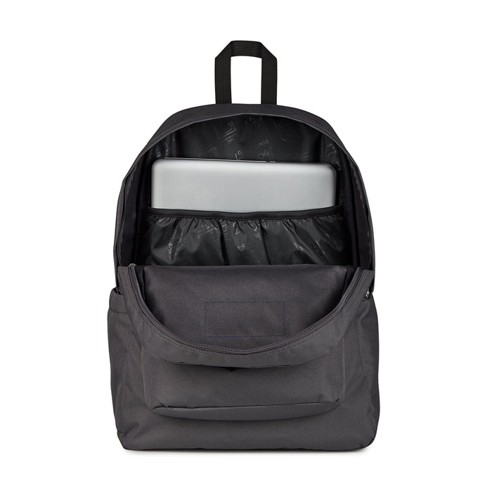 Dark gray Jansport backpack interior view with open top and front storage pocket.