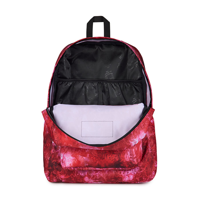 Jansport Superbreak Plus backpack, open interior with black lining and white divider pocket