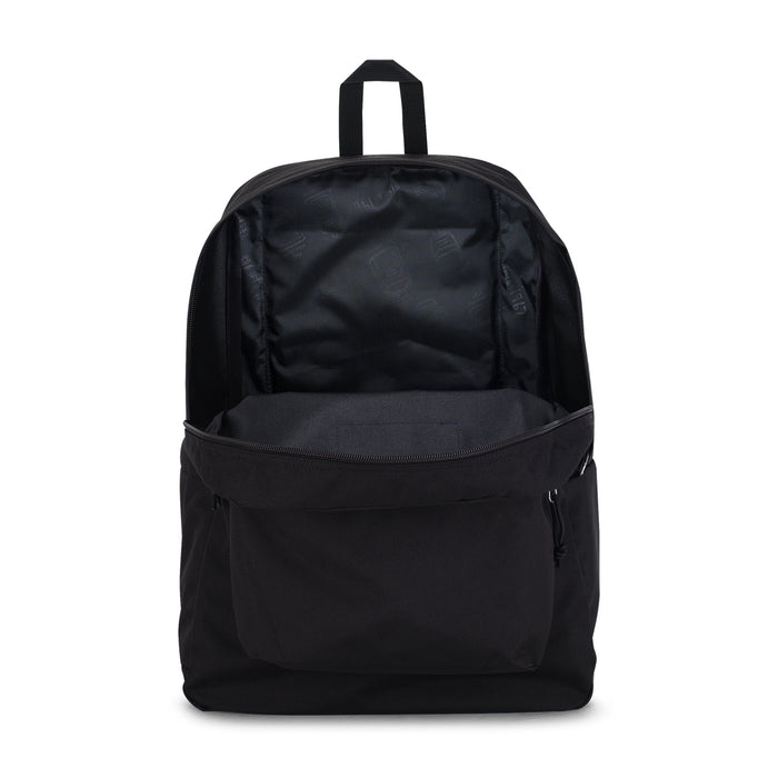 Black JanSport Superbreak Plus backpack, open back showing mesh-lined compartment
