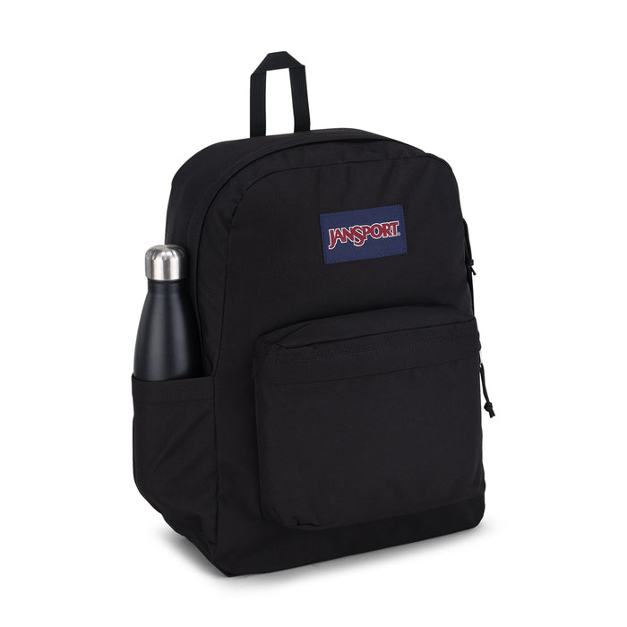 Black JanSport Superbreak Plus backpack with side water-bottle pocket and logo patch