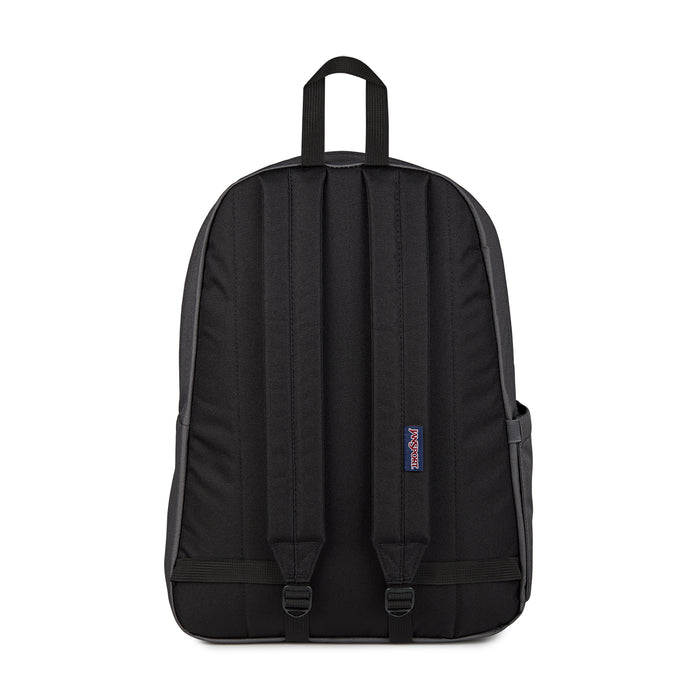 Black Jansport backpack back view with padded straps and small logo patch.
