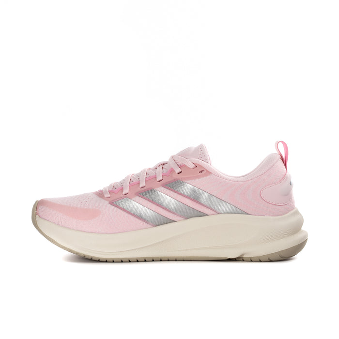Women's pink athletic sneaker with silver side stripes and lace-up front