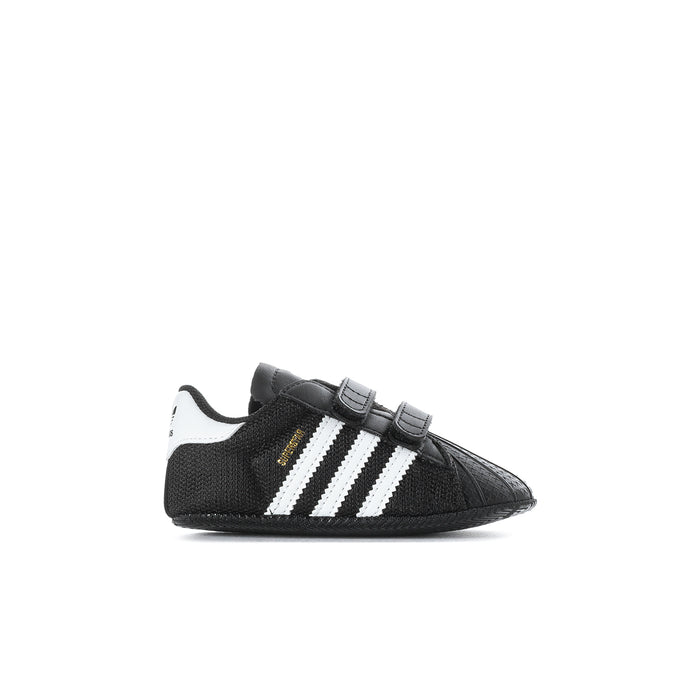 Infant black adidas Superstar sneaker with white three stripes and Velcro strap