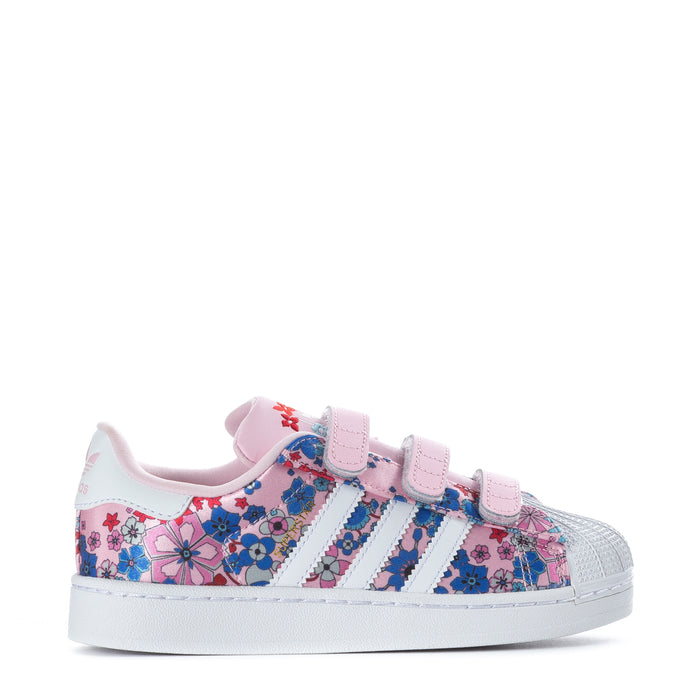 Kids' low-top sneakers with pink, blue, and red floral print and three hook straps