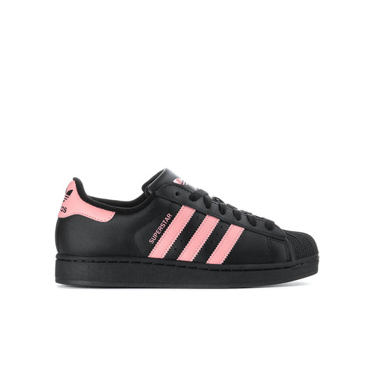 Kids adidas Superstar II sneakers in black with pink 3-stripe accents and laces