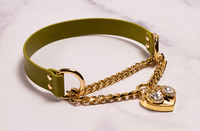 "Swan Dance" - 13" Gold & Moss Leather Heart Locking Martingale Collar _ LIMITED _