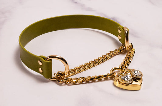 "Swan Dance" - 13" Gold & Moss Leather Heart Locking Martingale Collar _ LIMITED _