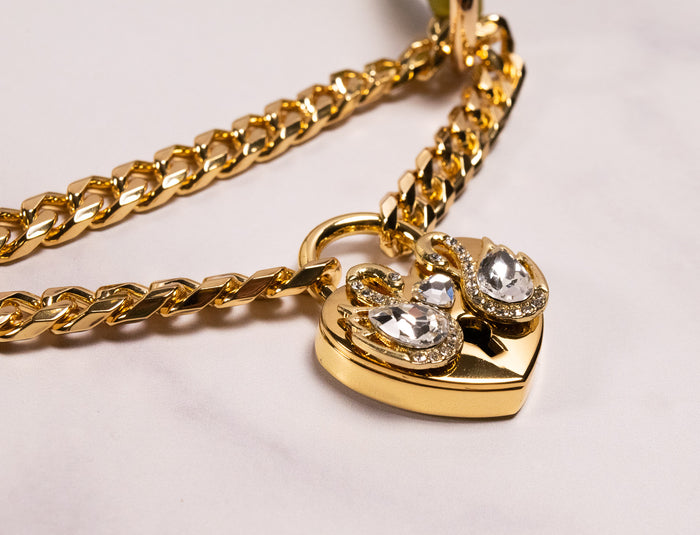 "Swan Dance" - 13" Gold & Moss Leather Heart Locking Martingale Collar _ LIMITED _