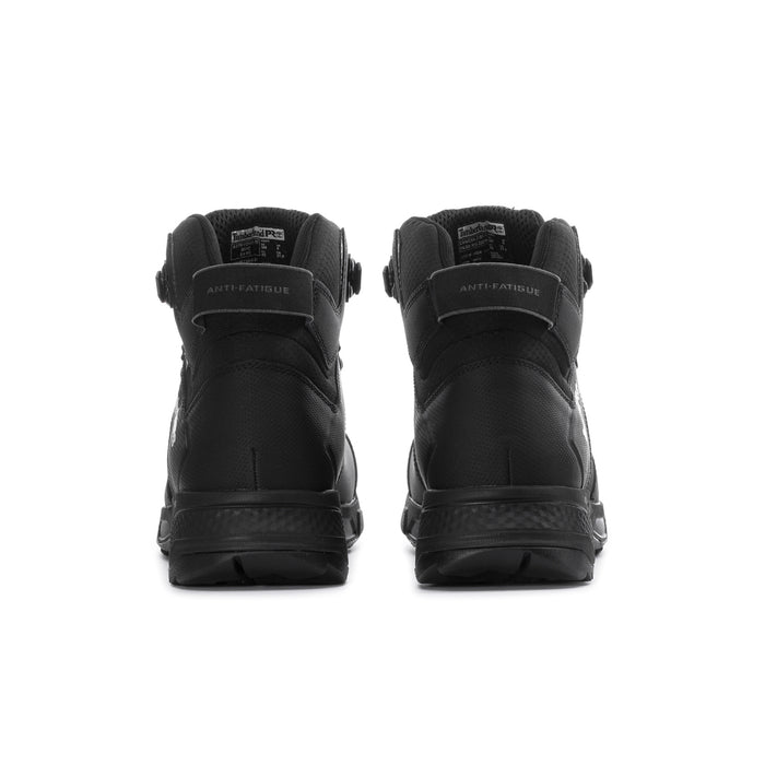 Timberland PRO men's black work boot, back view with loop pull tabs