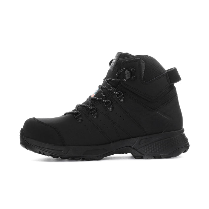 Timberland PRO men's black work boot, angled side view with hook-and-loop strap