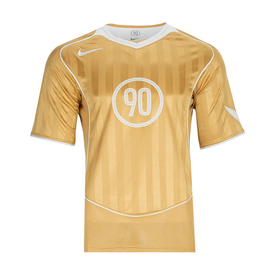 Men's khaki athletic jersey with white V-neck trim and '90' front graphic