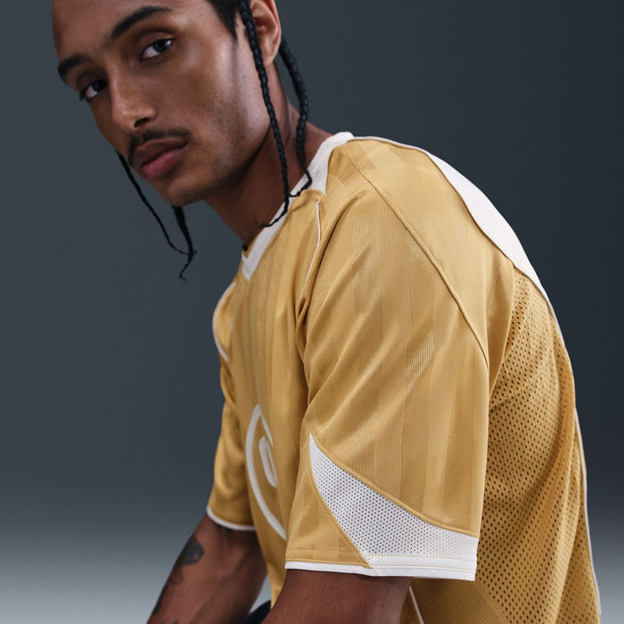 Khaki men's jersey with white-trimmed shoulder and sleeve mesh side panel