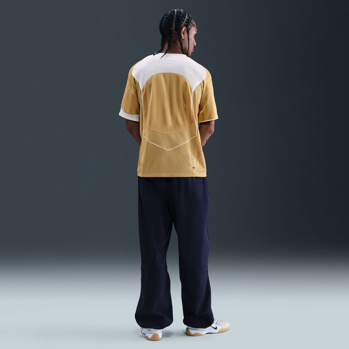 Khaki men's athletic jersey back with white trim and mesh panel details