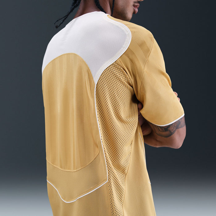 Khaki men's jersey with white side/back mesh panel and white sleeve cuff trim