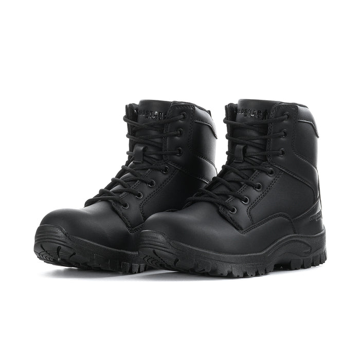 Black lace-up mid boots with side panels and chunky treaded outsole.