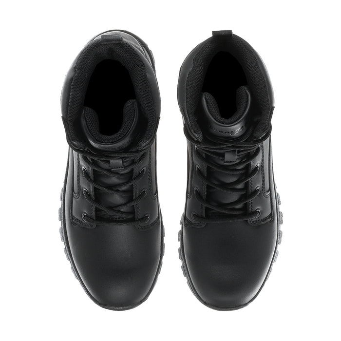 Black interior view of lace-up boots showing padded lining and tongue.
