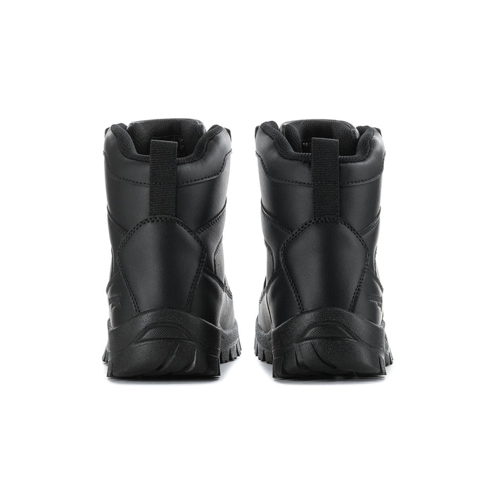 Black lace-up ankle boots with pull tabs and thick treaded outsole.