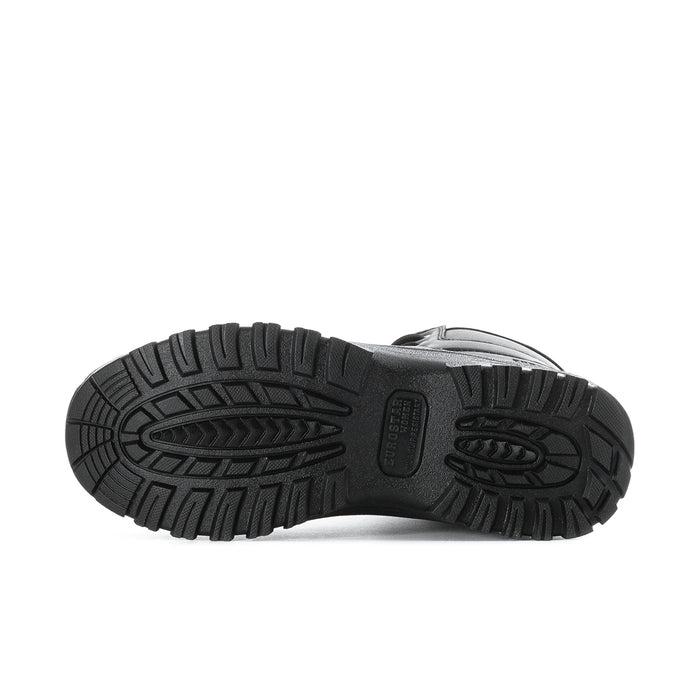 Black outsole tread view with rugged traction pattern and thick rubber sole.