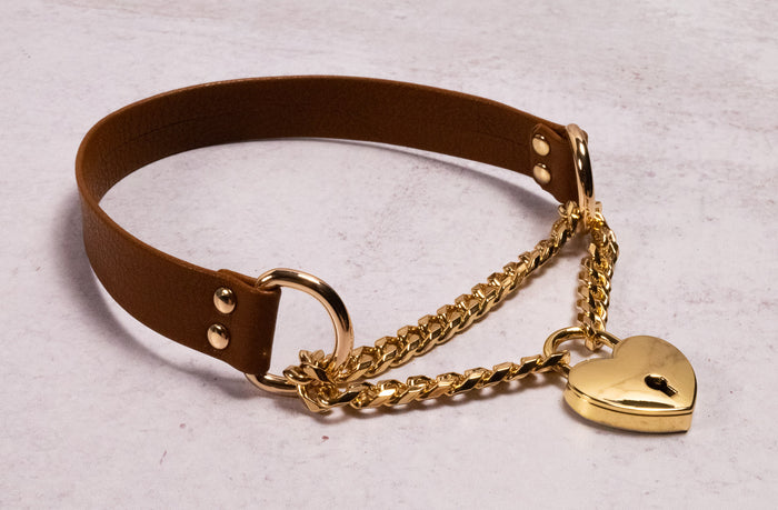 Tan & Gold Heart Locking Martingale Collar _ LIMITED _
