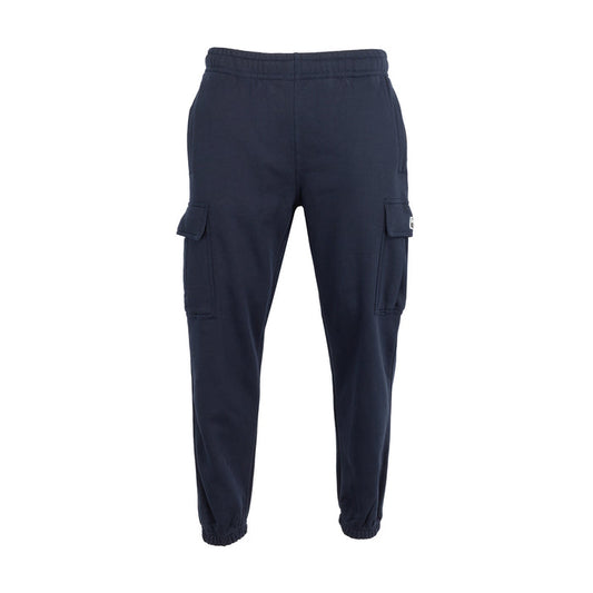 Men’s navy tapered cargo fleece pants, elastic waistband, drawstring, cargo pockets