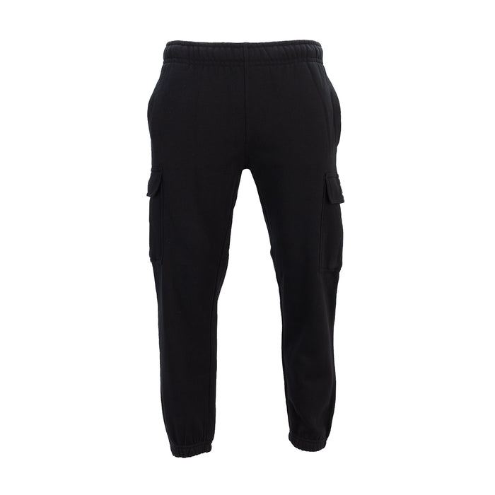 Men's black fleece cargo tapered pants with elastic waist and side cargo pockets