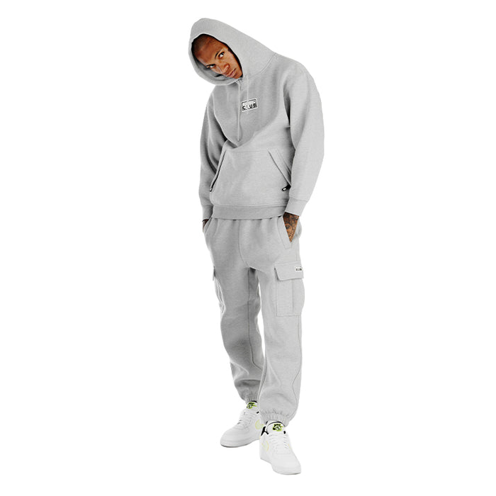 Heather grey fleece cargo pants with cargo pocket flap and cuffed ankle hem