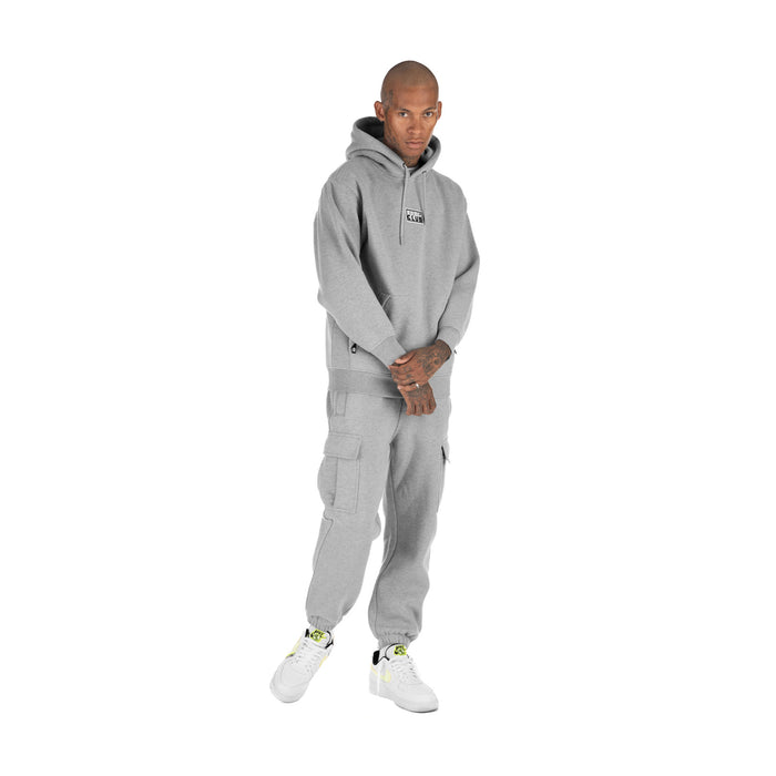 Heather grey fleece cargo pants with front side cargo pockets and tapered fit