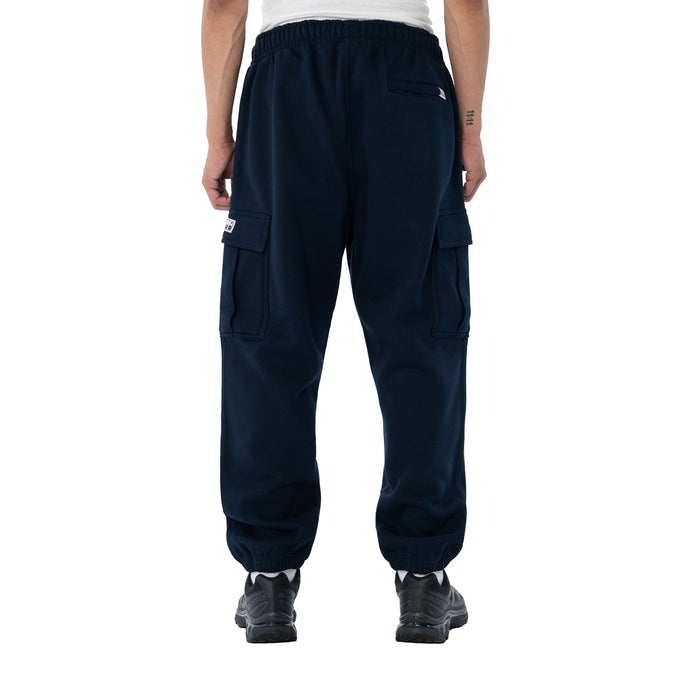 Men’s navy tapered cargo fleece pants, back view with side cargo pockets and elastic cuffs